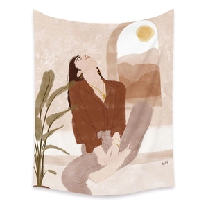 Detail of Bohemian tapestry featuring a woman by the window with a desert mountain view