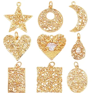 Hollow Wire Wrapped Charms Pendants Gold Plated Copper Zircon Star Moon Heart For DIY Jewelry Making Elegant Delicate