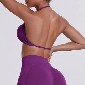 Macro detail of purple seamless yoga set with ribbed texture and halter back design
