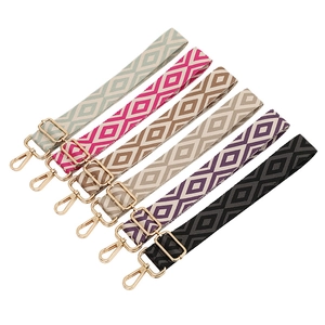 Adjustable jacquard bag straps with geometric rhombic pattern and gold metal hooks