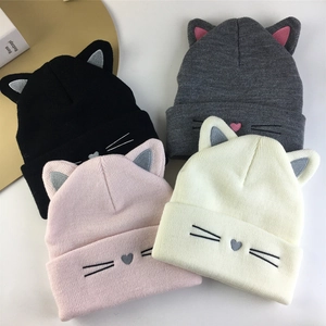 Cute Cat Ear Knit Beanie Hat Warm Winter Acrylic Cap With Whiskers Embroidery For Women