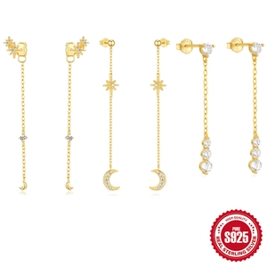 925 Sterling Silver Star Moon Tassel Chain Dangle Earrings Gold Plated Zirconia Inlaid Fashion Jewelry For Women Gift