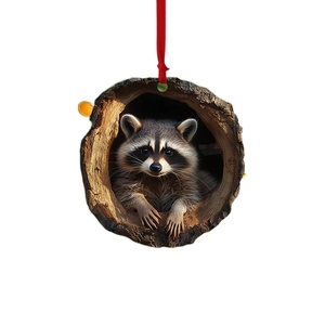 Flat 2D acrylic raccoon Christmas tree ornament with 3D effect and red hanging ribbon