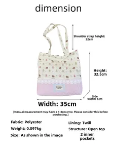 Detailed view of dog print tote bag featuring pink heart quilting and white lace trim