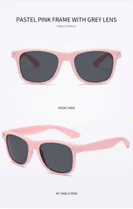 Pink square sunglasses with grey lenses and silver metal rivets detail view