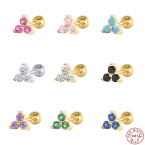 925 Sterling Silver Cartilage Stud Earrings Three Stone Cluster Geometric Triangle Zircon Screw Back Piercing Jewelry Women