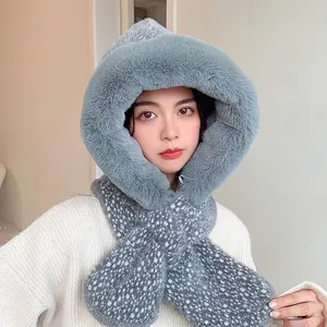 Plush winter hooded scarf in grey-blue with polka dot knit pattern for cold protection