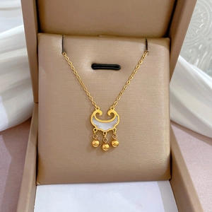 Ruyi Lock Pendant Necklace Titanium Steel Mother Of Artificial Pearl Coin Chinese Style For Women Elegant Clavicle Chain Jewelry