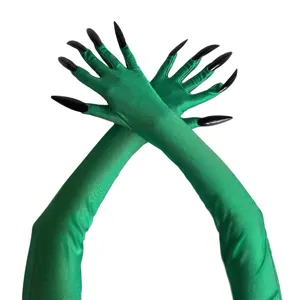 Long glossy green cosplay gloves with sharp black fingernails for Halloween party costume