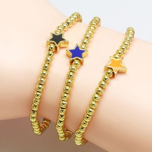 Three-piece set of golden beaded star bracelets with black blue and orange enamel charms