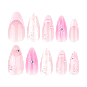 3D water ripple almond press-on nails with pearls, rhinestones and pink gradient