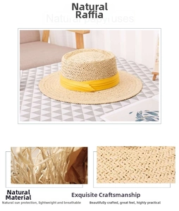 Detail of natural paper straw weave texture and yellow silk ribbon on a flat top hat