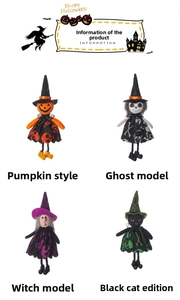 Close-up of Halloween hanging dolls featuring pumpkin, ghost, witch, and black cat designs