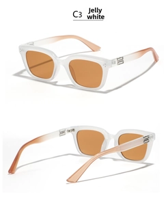 Detail of jelly white square sunglasses with a metallic B logo on the temples