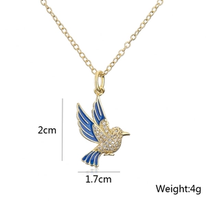 Detailed size view of hummingbird necklace with blue enamel wings and measurements