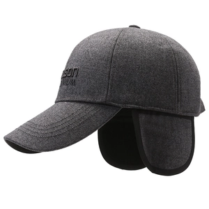 Men winter baseball cap in dark gray with ear flaps and 3D letter embroidery