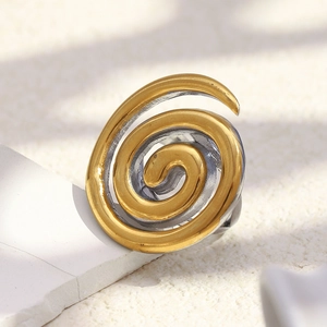 Spiral dual-tone stainless steel open ring with 18K gold and silver finish plating