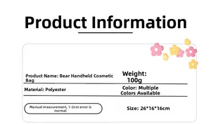 Specifications of portable polyester makeup bag including size, weight and material details