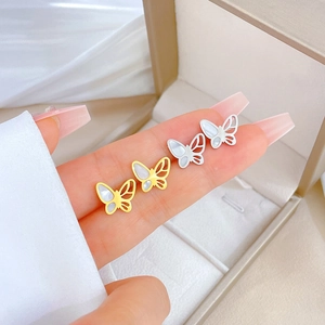 Butterfly Stud Earrings Titanium Steel Mother Of Artificial Pearl Inlay Hollow Minimalist Jewelry For Women Elegant Accessories