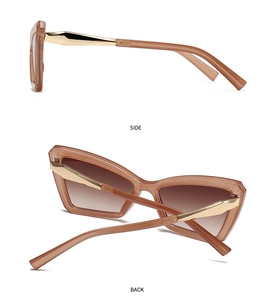 Side and back view of cat-eye sunglasses with amber frames and gold metal temple accents
