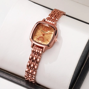 Montre Quartz Femme Carrée Or Rose Bracelet Acier Inoxydable Mode Élégante Affichage Analogique