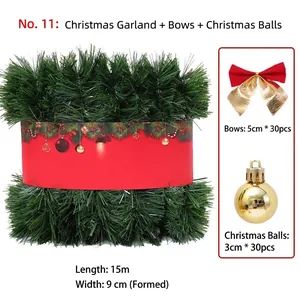50ft Green Christmas Garland Kit with 30 Red Bows and 30 Gold Baubles for Party Decor