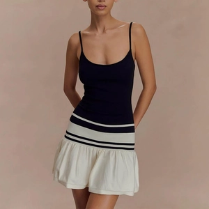 Robe Mini Sexy À Bretelles En Coton Mercerisé Pour Femmes Design Color Block Taille Rayée Ourlet À Volants Dos Nu Été