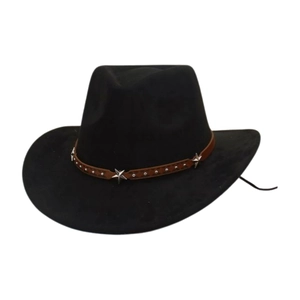 Classic black faux suede cowboy hat featuring brown leather band with silver star metal studs