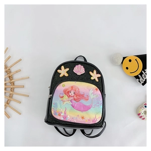 Detail of black glitter mermaid backpack for girls with starfish and shell appliques