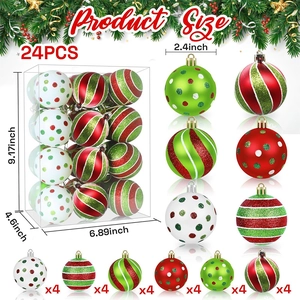Set of 24 red, green, and white Christmas ball ornaments in various decorative finishes