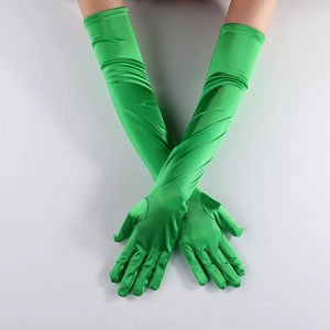 Long bright green satin dress gloves for Halloween Cosplay party, elbow-length smooth finish