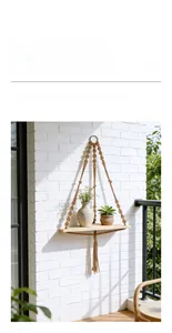 Detail of bohemian handmade woven cotton rope knots and natural wood corner shelf