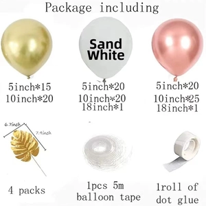 Balloon arch kit details showing sand white and gold latex balloons with decorative leaves