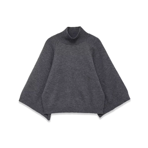 Women's loose grey high-neck knit sweater with stylish wide raglan sleeves
