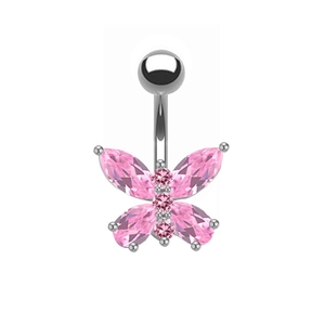 Detail of silver butterfly belly ring with sparkling pink gemstones on a white background