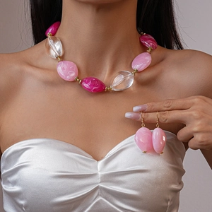 Chunky Acrylic Beaded Necklace Marbled Irregular Oval Resin Fashion Jewelry For Women Pink Transparent
