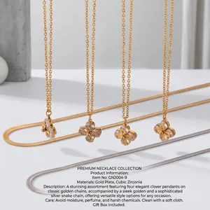 Gold clover pendant necklace set with zircon and flat snake chain blade accessories
