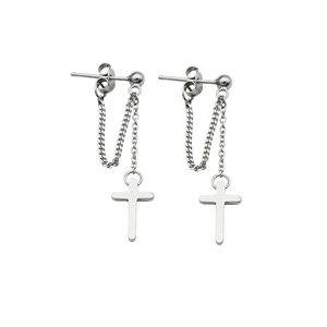Silver punk cross stud earrings with chain link drop on a clean white background
