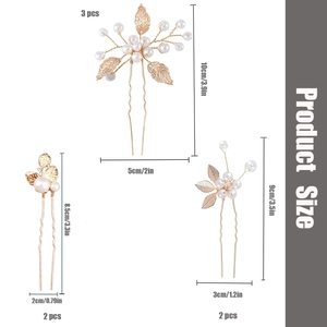 Lot de 7 épingles à cheveux feuilles dorées et perles avec dimensions détaillées