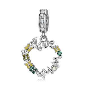 925 sterling silver heart charm with Love Mom engraving and yellow enamel flowers
