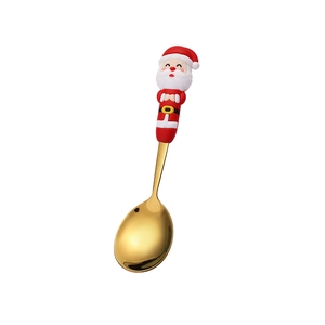 Cucchiaio di Natale con testa in acciaio dorato e manico Babbo Natale 3D su sfondo bianco