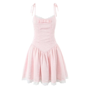 Robe Courte À Bretelles Douce Avec Texture Jacquard Décor De Nœud Et Bordure En Dentelle Style Lolita Sans Manches Col V