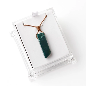 Handwoven necklace with irregular green agate stone pendant in a clear display gift box