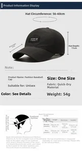 Detailed size chart for quick-dry baseball cap showing dimensions and head circumference