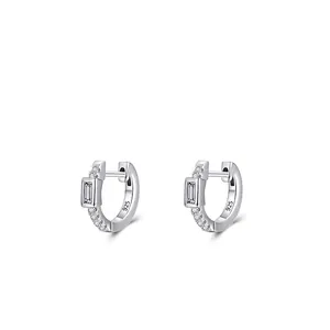 Minimalist 925 Sterling Silver Hoop Earrings With Rectangle Cubic Zirconia Geometric Inlaid Jewelry For Women Modern Style