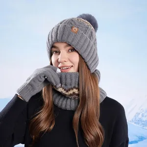 Ensemble d'hiver 3 pièces avec bonnet, écharpe et gants en maille côtelée gris foncé
