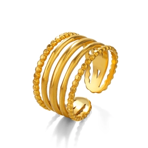 Modern 18K gold plated stainless steel 5-layer open ring with beaded and smooth textures