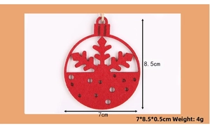 Detailed dimensions of red felt snowflake ornament with 7x8.5x0.5cm size and 4g weight
