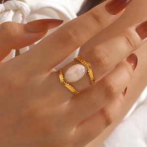 Pink Oval Stone Stainless Steel Adjustable Ring 18K Gold Plated Beaded Double Layered Fashion Jewelry For Women