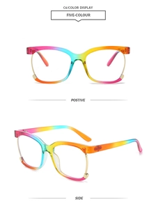 Detailed views of rainbow square glasses frame with blue light blocking lenses